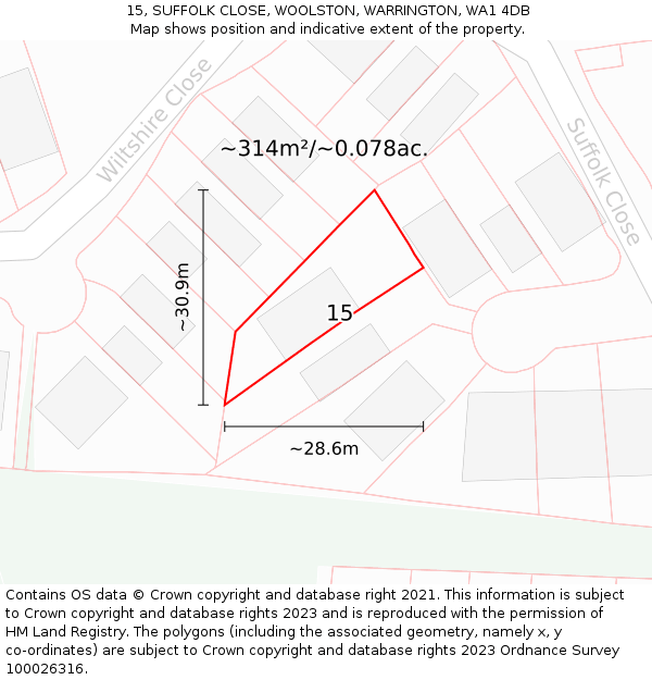 15, SUFFOLK CLOSE, WOOLSTON, WARRINGTON, WA1 4DB: Plot and title map