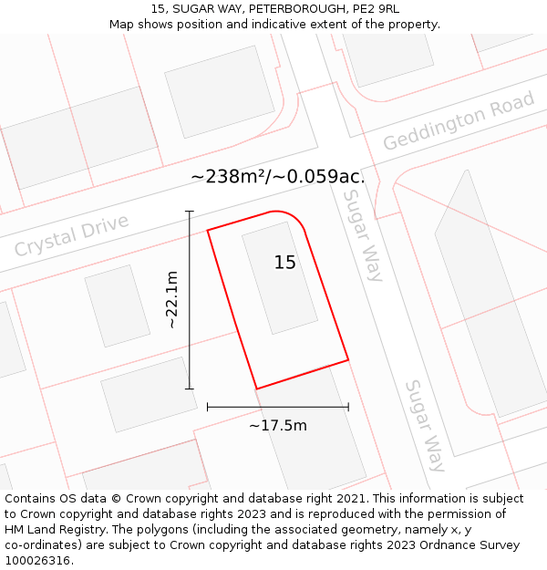 15, SUGAR WAY, PETERBOROUGH, PE2 9RL: Plot and title map