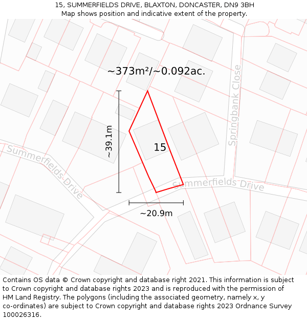 15, SUMMERFIELDS DRIVE, BLAXTON, DONCASTER, DN9 3BH: Plot and title map