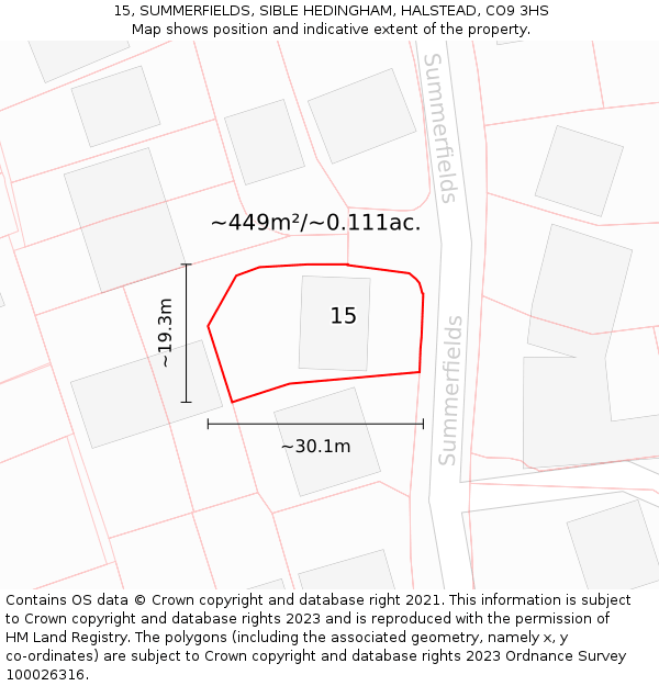 15, SUMMERFIELDS, SIBLE HEDINGHAM, HALSTEAD, CO9 3HS: Plot and title map