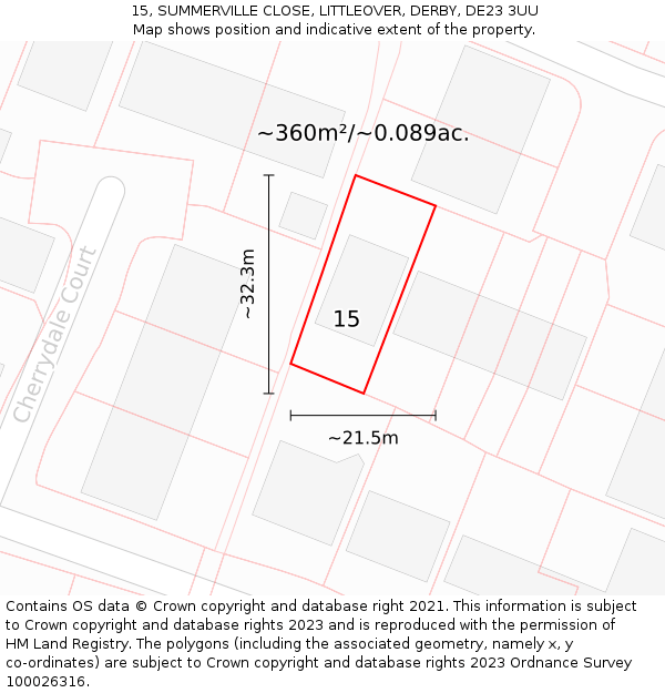 15, SUMMERVILLE CLOSE, LITTLEOVER, DERBY, DE23 3UU: Plot and title map