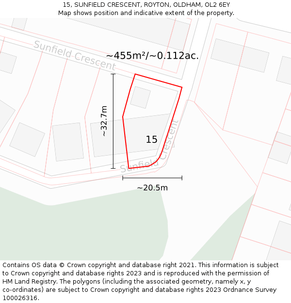 15, SUNFIELD CRESCENT, ROYTON, OLDHAM, OL2 6EY: Plot and title map