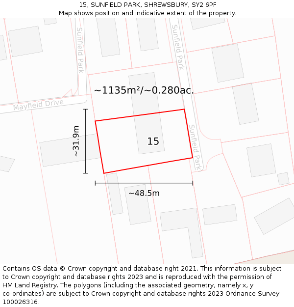 15, SUNFIELD PARK, SHREWSBURY, SY2 6PF: Plot and title map