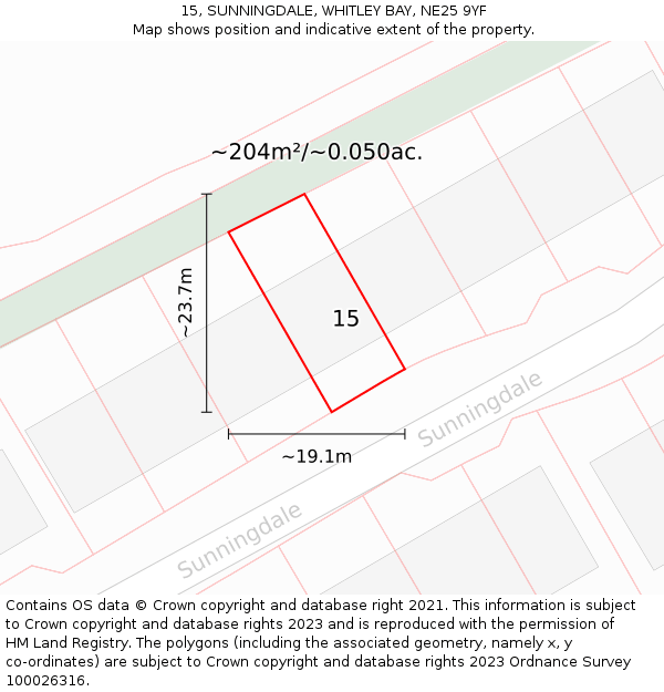 15, SUNNINGDALE, WHITLEY BAY, NE25 9YF: Plot and title map