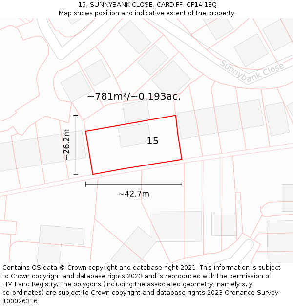 15, SUNNYBANK CLOSE, CARDIFF, CF14 1EQ: Plot and title map