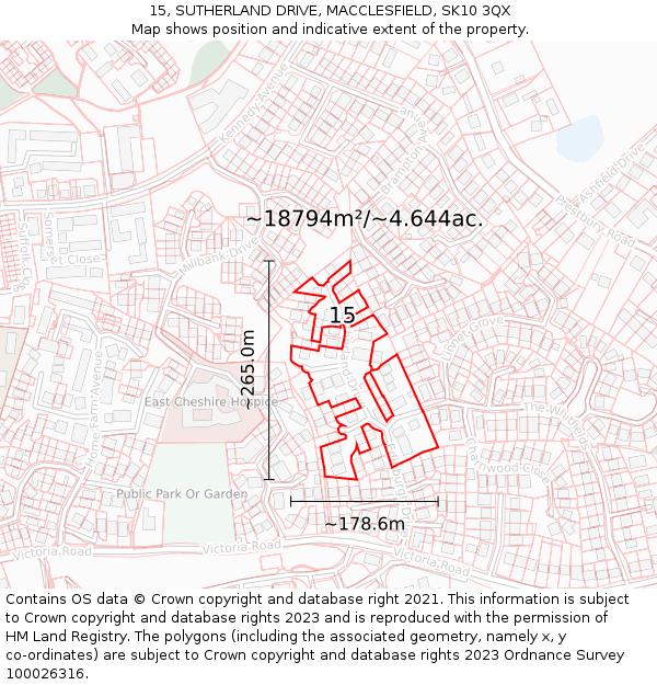 15, SUTHERLAND DRIVE, MACCLESFIELD, SK10 3QX: Plot and title map