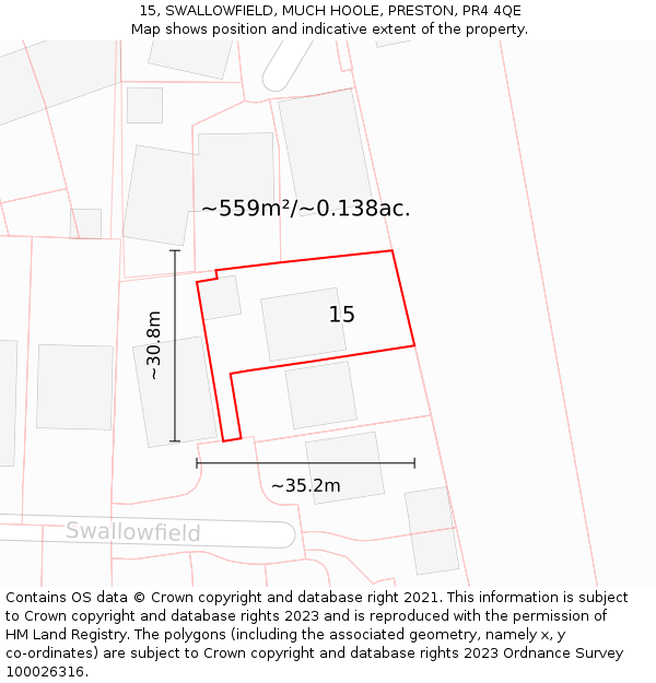 15, SWALLOWFIELD, MUCH HOOLE, PRESTON, PR4 4QE: Plot and title map