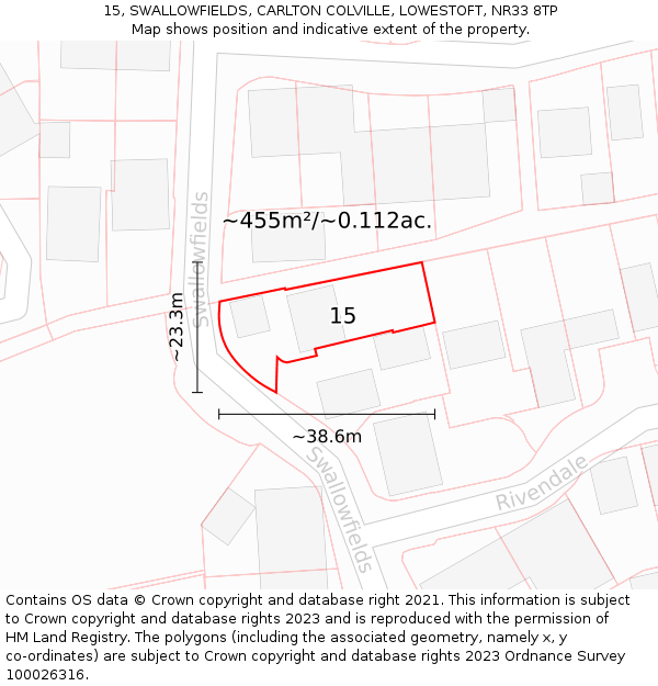 15, SWALLOWFIELDS, CARLTON COLVILLE, LOWESTOFT, NR33 8TP: Plot and title map