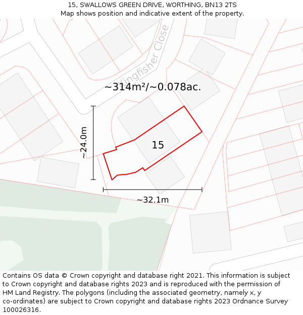 15, SWALLOWS GREEN DRIVE, WORTHING, BN13 2TS: Plot and title map