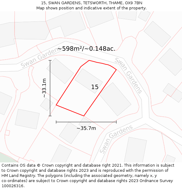 15, SWAN GARDENS, TETSWORTH, THAME, OX9 7BN: Plot and title map