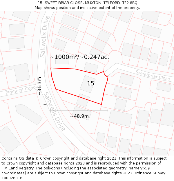 15, SWEET BRIAR CLOSE, MUXTON, TELFORD, TF2 8RQ: Plot and title map