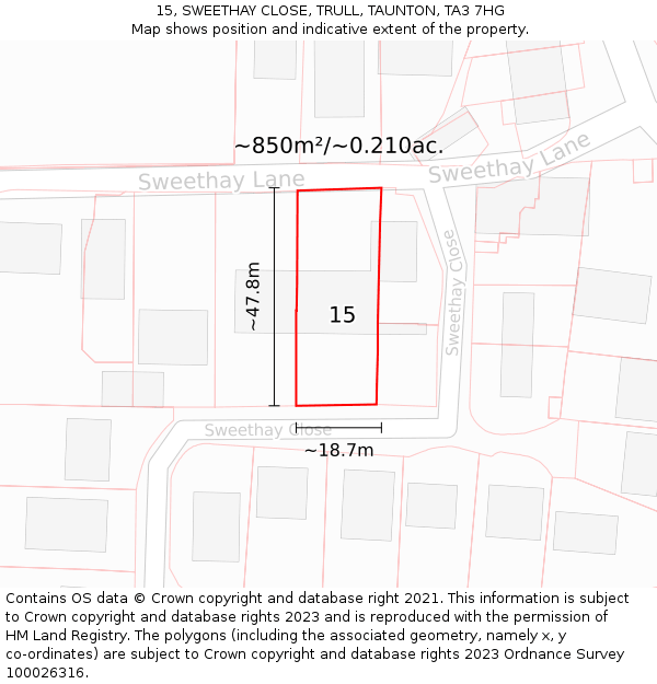 15, SWEETHAY CLOSE, TRULL, TAUNTON, TA3 7HG: Plot and title map