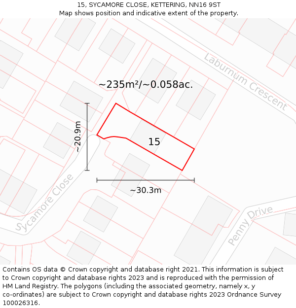 15, SYCAMORE CLOSE, KETTERING, NN16 9ST: Plot and title map