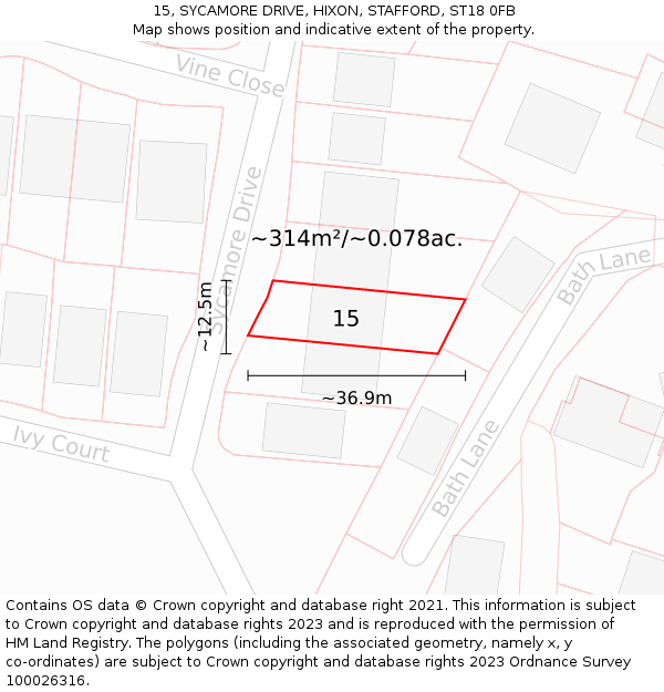 15, SYCAMORE DRIVE, HIXON, STAFFORD, ST18 0FB: Plot and title map