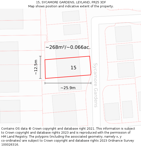 15, SYCAMORE GARDENS, LEYLAND, PR25 3DF: Plot and title map