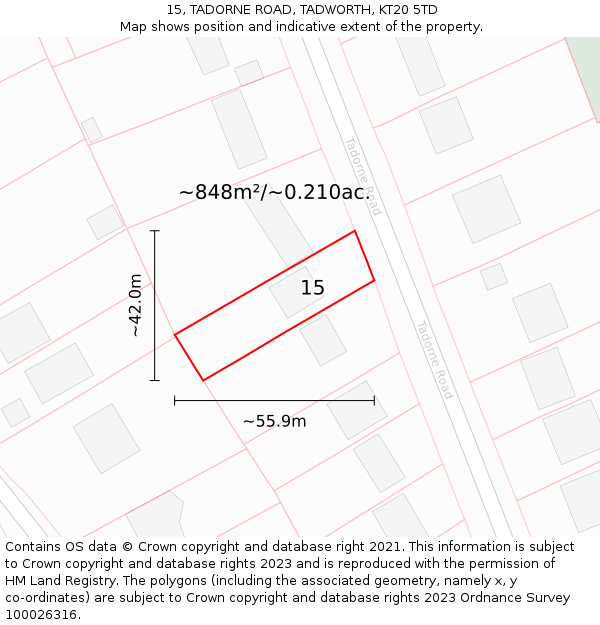 15, TADORNE ROAD, TADWORTH, KT20 5TD: Plot and title map