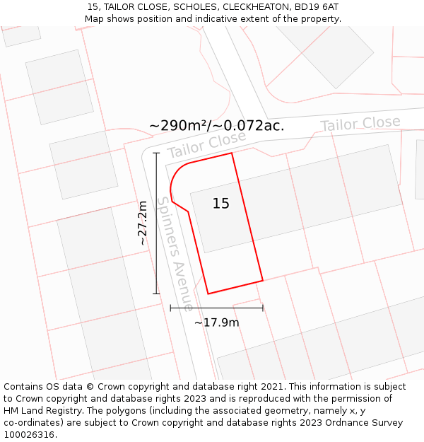 15, TAILOR CLOSE, SCHOLES, CLECKHEATON, BD19 6AT: Plot and title map