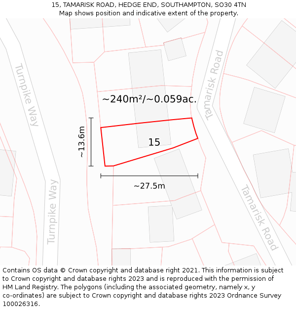 15, TAMARISK ROAD, HEDGE END, SOUTHAMPTON, SO30 4TN: Plot and title map