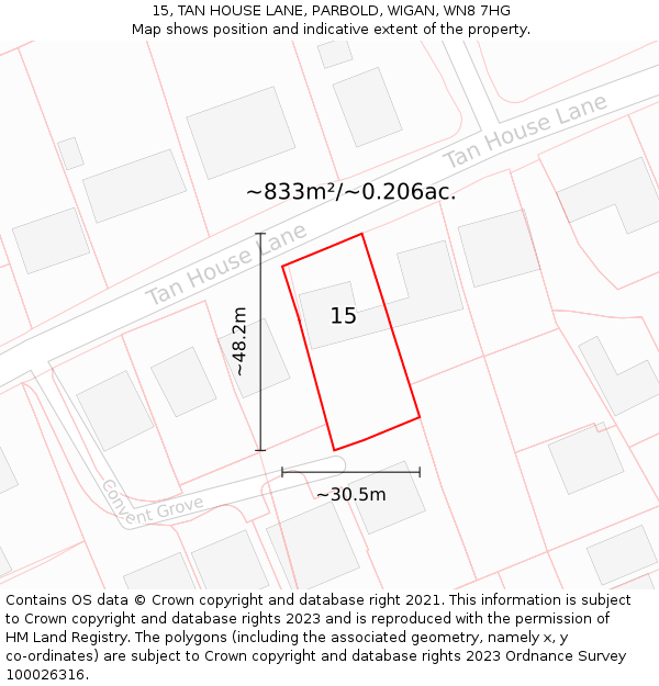 15, TAN HOUSE LANE, PARBOLD, WIGAN, WN8 7HG: Plot and title map