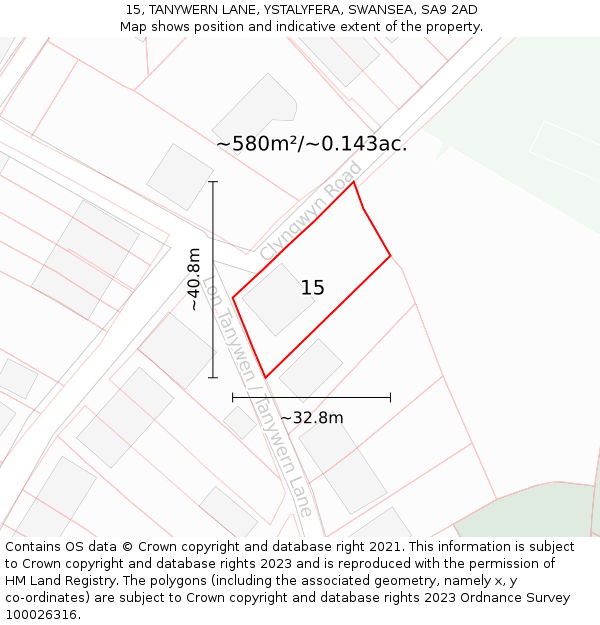 15, TANYWERN LANE, YSTALYFERA, SWANSEA, SA9 2AD: Plot and title map