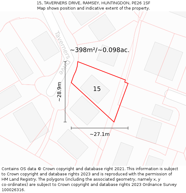 15, TAVERNERS DRIVE, RAMSEY, HUNTINGDON, PE26 1SF: Plot and title map