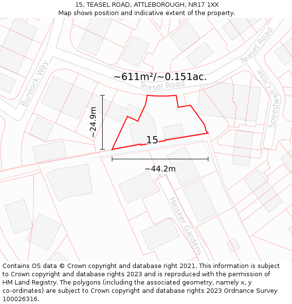 15, TEASEL ROAD, ATTLEBOROUGH, NR17 1XX: Plot and title map