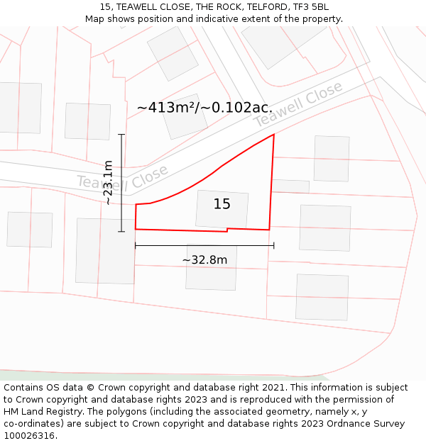 15, TEAWELL CLOSE, THE ROCK, TELFORD, TF3 5BL: Plot and title map
