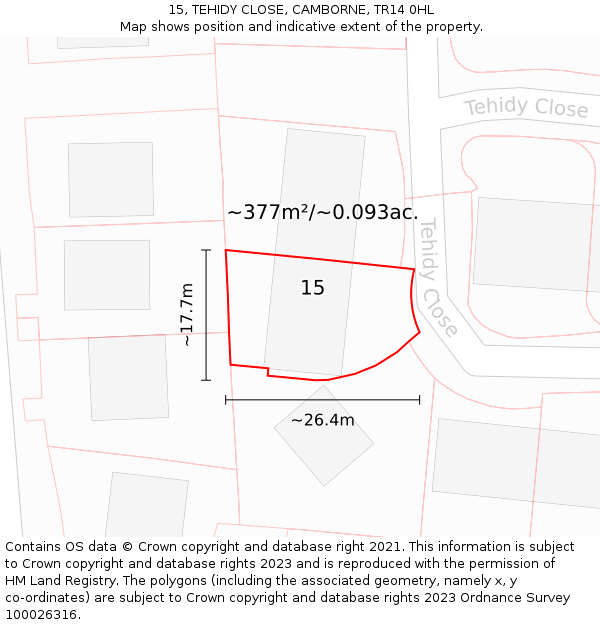 15, TEHIDY CLOSE, CAMBORNE, TR14 0HL: Plot and title map