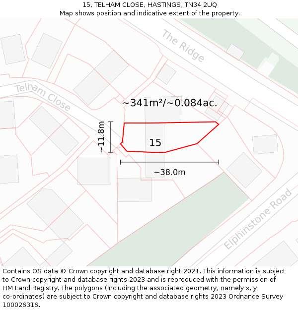 15, TELHAM CLOSE, HASTINGS, TN34 2UQ: Plot and title map