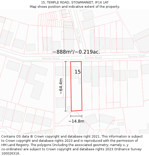 15, TEMPLE ROAD, STOWMARKET, IP14 1AT: Plot and title map