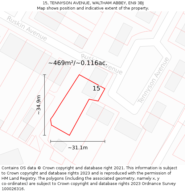 15, TENNYSON AVENUE, WALTHAM ABBEY, EN9 3BJ: Plot and title map