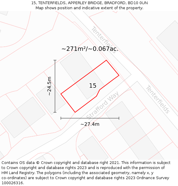 15, TENTERFIELDS, APPERLEY BRIDGE, BRADFORD, BD10 0UN: Plot and title map