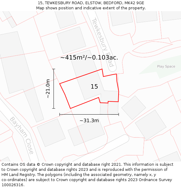 15, TEWKESBURY ROAD, ELSTOW, BEDFORD, MK42 9GE: Plot and title map