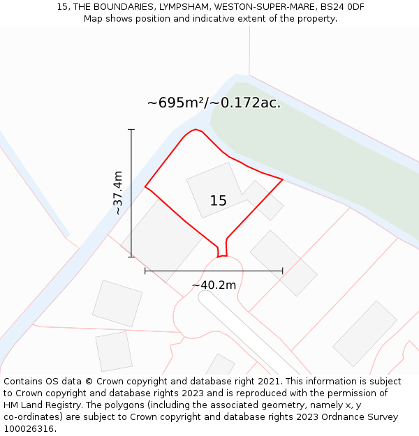 15, THE BOUNDARIES, LYMPSHAM, WESTON-SUPER-MARE, BS24 0DF: Plot and title map
