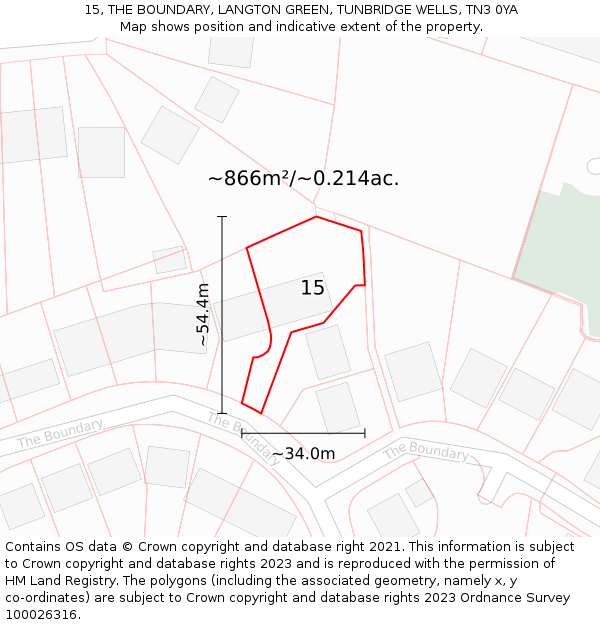 15, THE BOUNDARY, LANGTON GREEN, TUNBRIDGE WELLS, TN3 0YA: Plot and title map