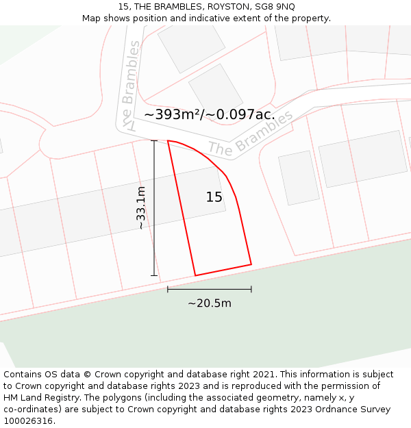 15, THE BRAMBLES, ROYSTON, SG8 9NQ: Plot and title map