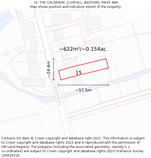 15, THE CAUSEWAY, CLOPHILL, BEDFORD, MK45 4BA: Plot and title map