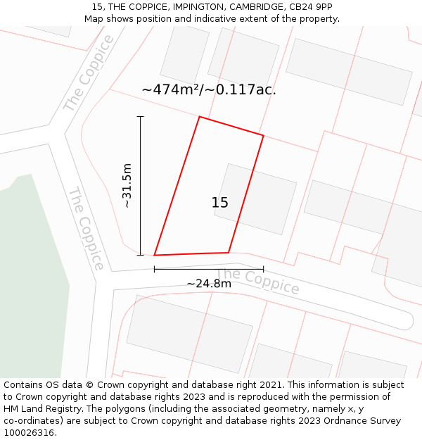 15, THE COPPICE, IMPINGTON, CAMBRIDGE, CB24 9PP: Plot and title map