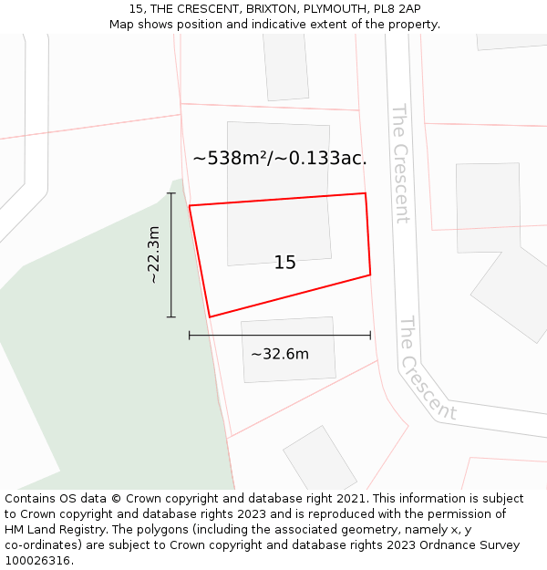 15, THE CRESCENT, BRIXTON, PLYMOUTH, PL8 2AP: Plot and title map