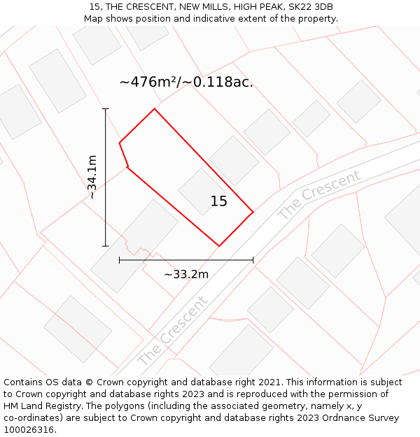 15, THE CRESCENT, NEW MILLS, HIGH PEAK, SK22 3DB: Plot and title map