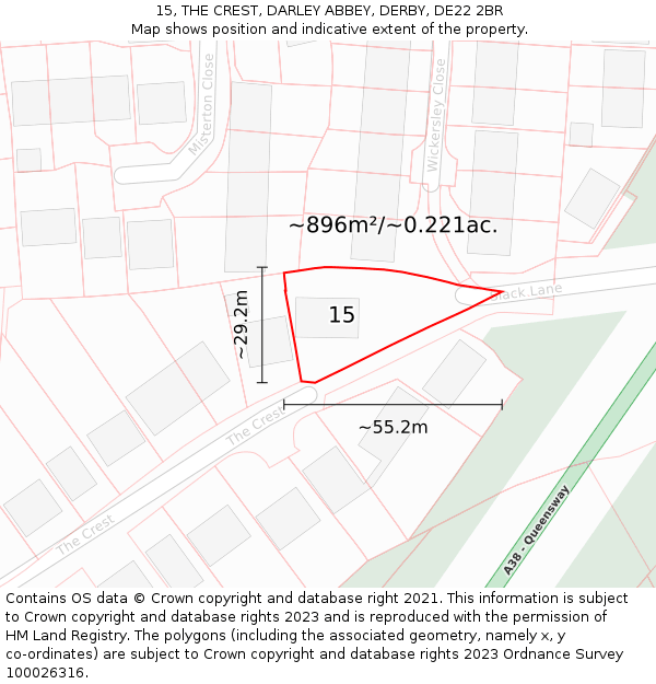 15, THE CREST, DARLEY ABBEY, DERBY, DE22 2BR: Plot and title map