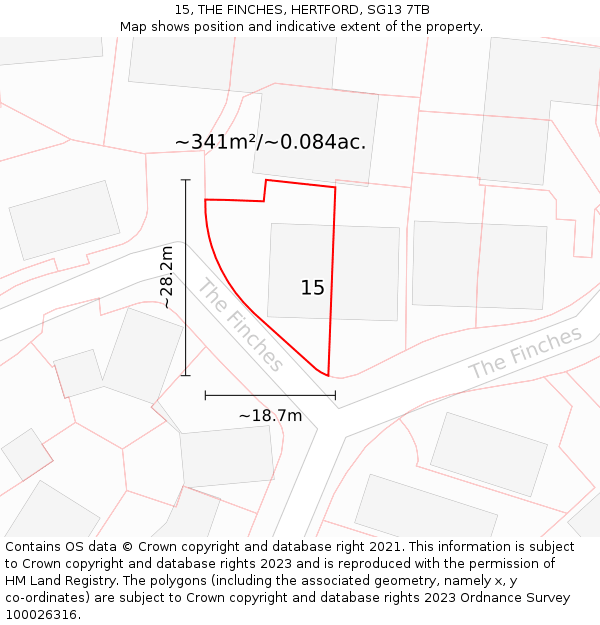 15, THE FINCHES, HERTFORD, SG13 7TB: Plot and title map