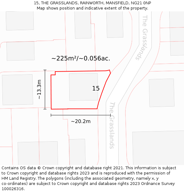 15, THE GRASSLANDS, RAINWORTH, MANSFIELD, NG21 0NP: Plot and title map