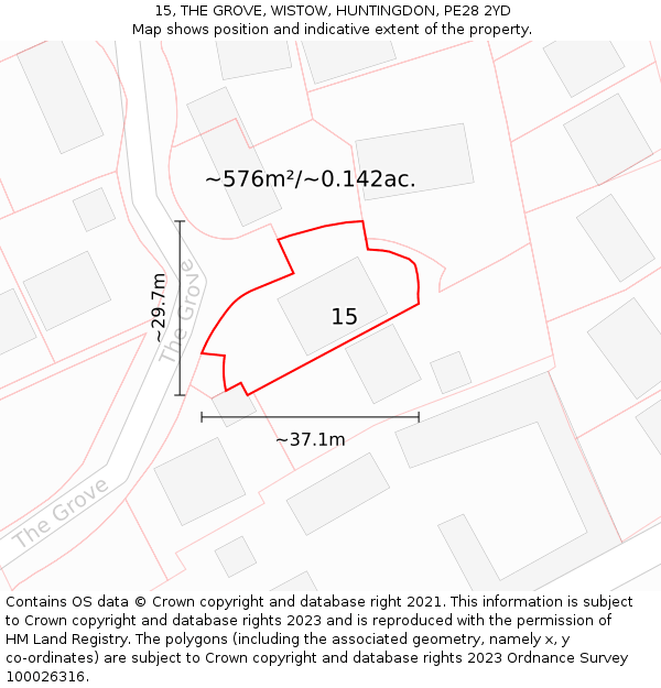 15, THE GROVE, WISTOW, HUNTINGDON, PE28 2YD: Plot and title map