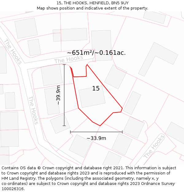 15, THE HOOKS, HENFIELD, BN5 9UY: Plot and title map