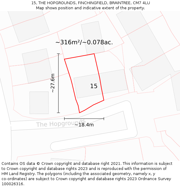 15, THE HOPGROUNDS, FINCHINGFIELD, BRAINTREE, CM7 4LU: Plot and title map