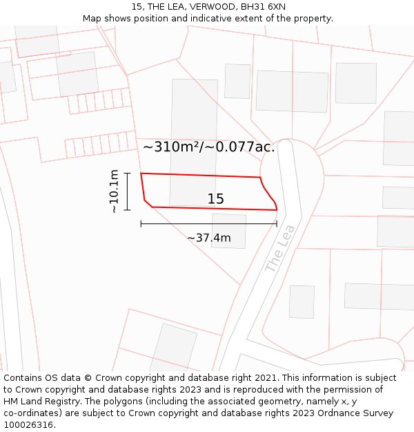 15, THE LEA, VERWOOD, BH31 6XN: Plot and title map