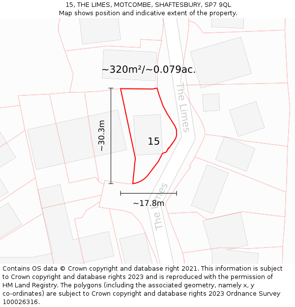 15, THE LIMES, MOTCOMBE, SHAFTESBURY, SP7 9QL: Plot and title map