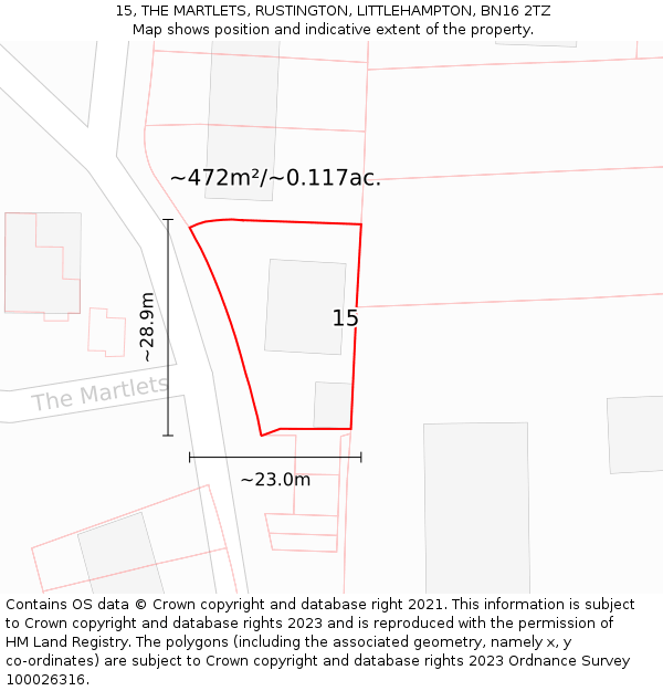 15, THE MARTLETS, RUSTINGTON, LITTLEHAMPTON, BN16 2TZ: Plot and title map
