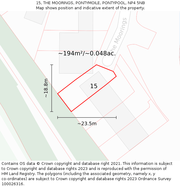 15, THE MOORINGS, PONTYMOILE, PONTYPOOL, NP4 5NB: Plot and title map